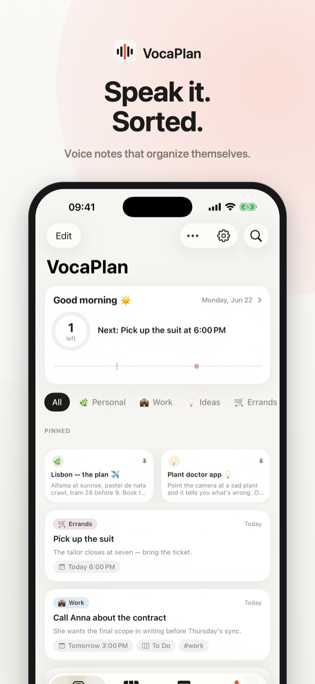 VocaPlan home — notes sorted into cards